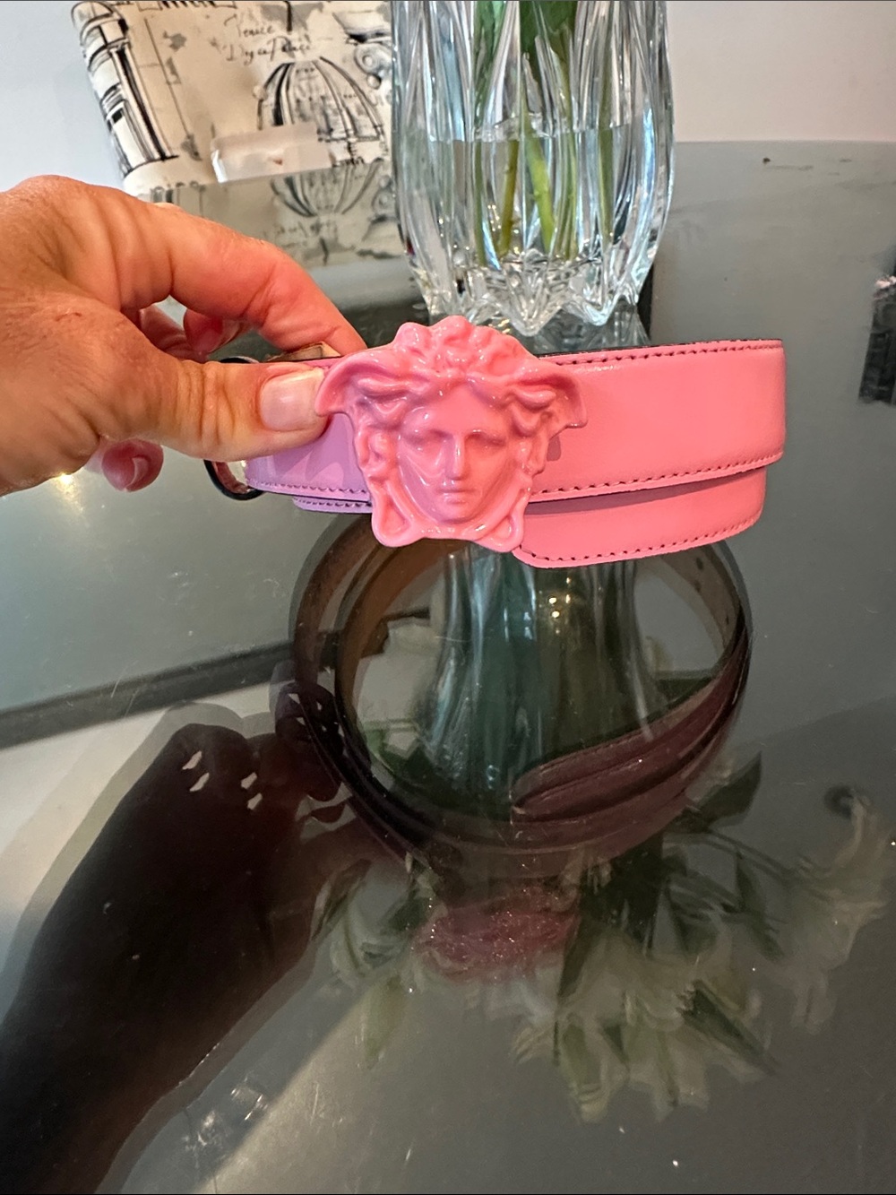 Versace Pink Medusa Resin-Buckle Leather Belt
